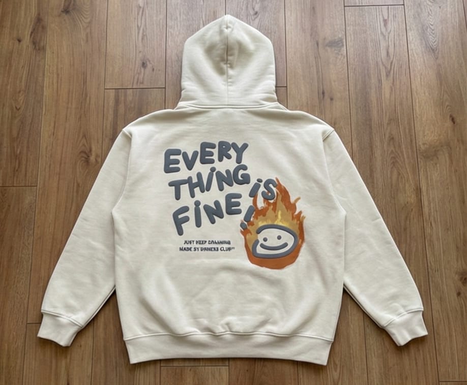 Everything is Fine" Puff Print Hoodie - Cream