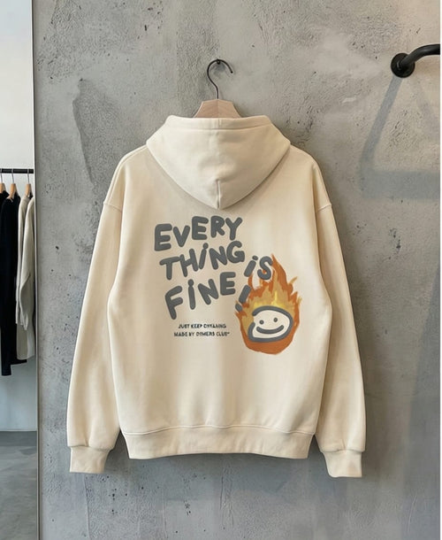 Everything is Fine" Puff Print Hoodie - Cream