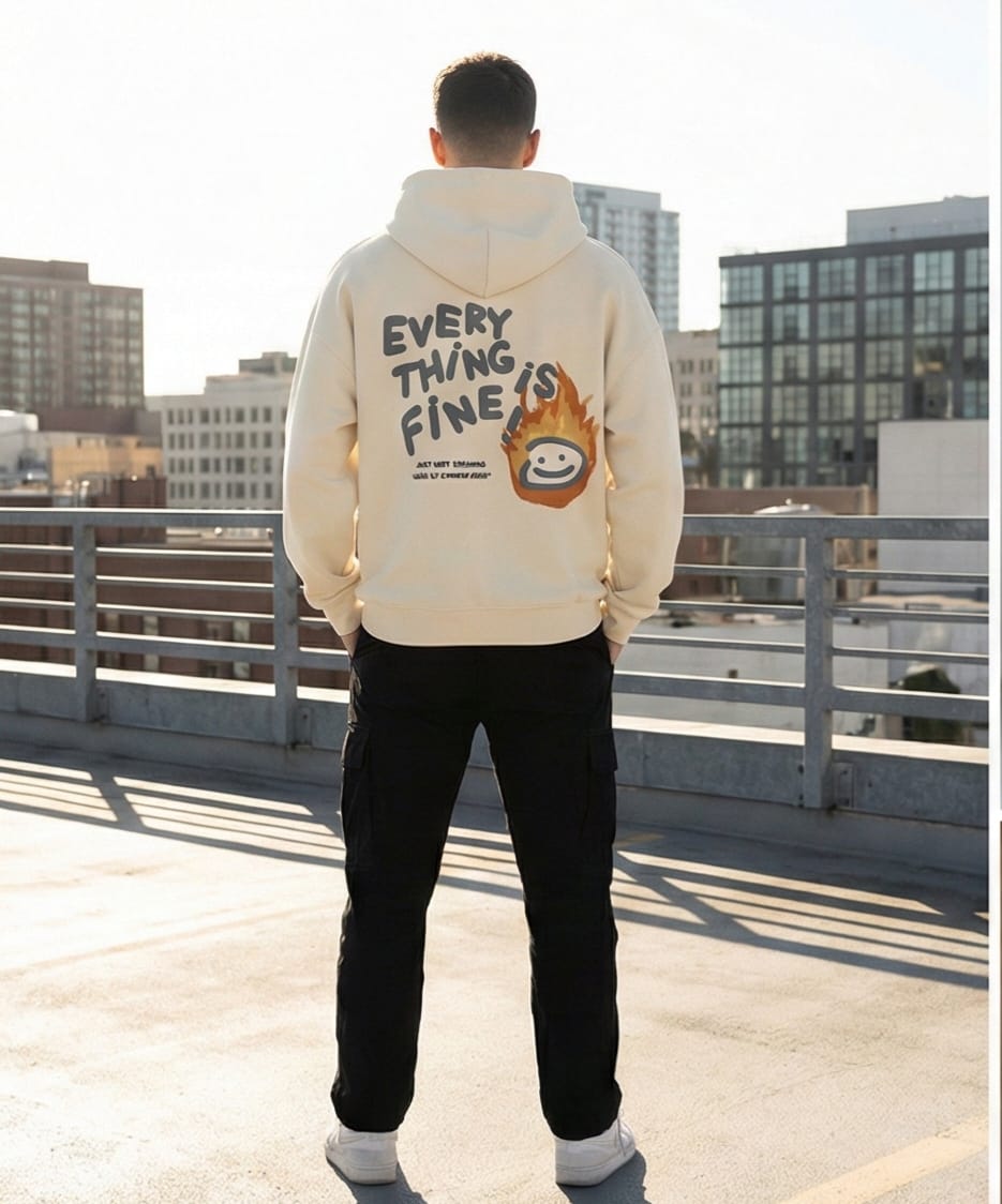 Everything is Fine" Puff Print Hoodie - Cream
