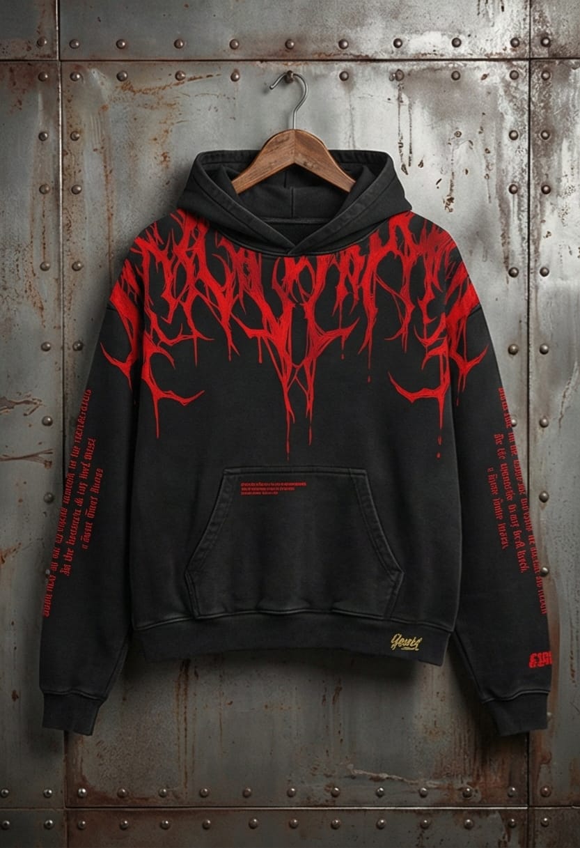 Carnage" Gothic Dripping Graphic Hoodie - Washed Black