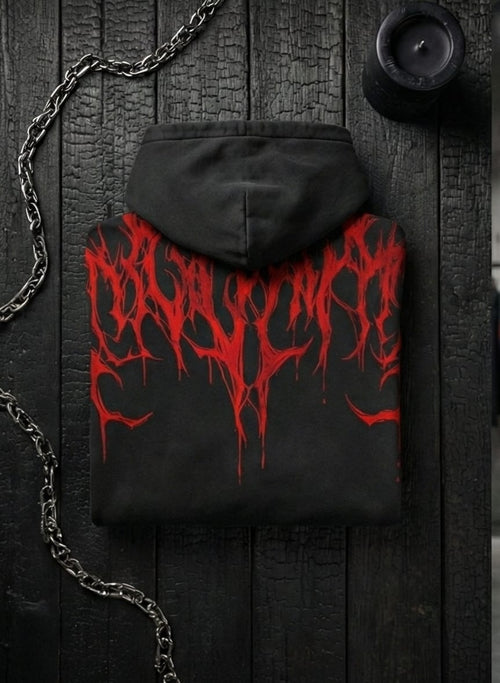 Carnage" Gothic Dripping Graphic Hoodie - Washed Black