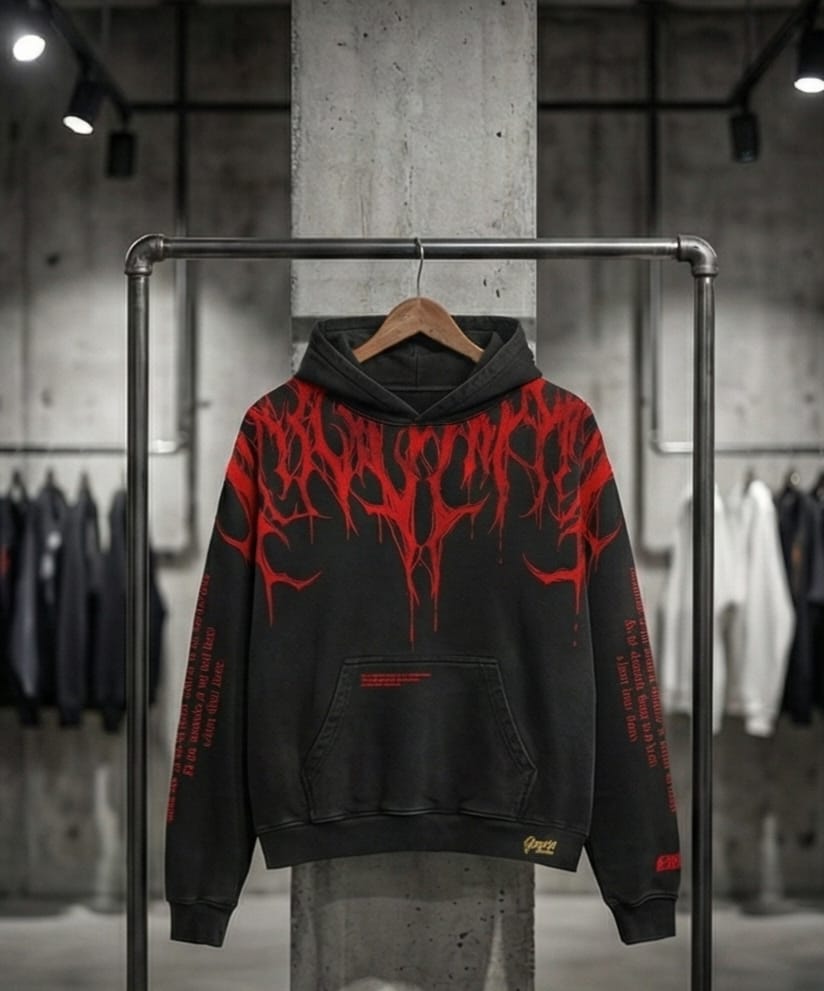 Carnage" Gothic Dripping Graphic Hoodie - Washed Black