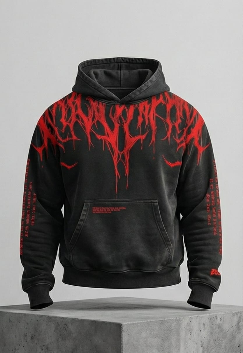 Carnage" Gothic Dripping Graphic Hoodie - Washed Black